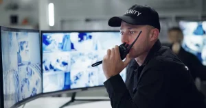 Security guard receiving real-time alerts via IoT CCTV with M2M connectivity